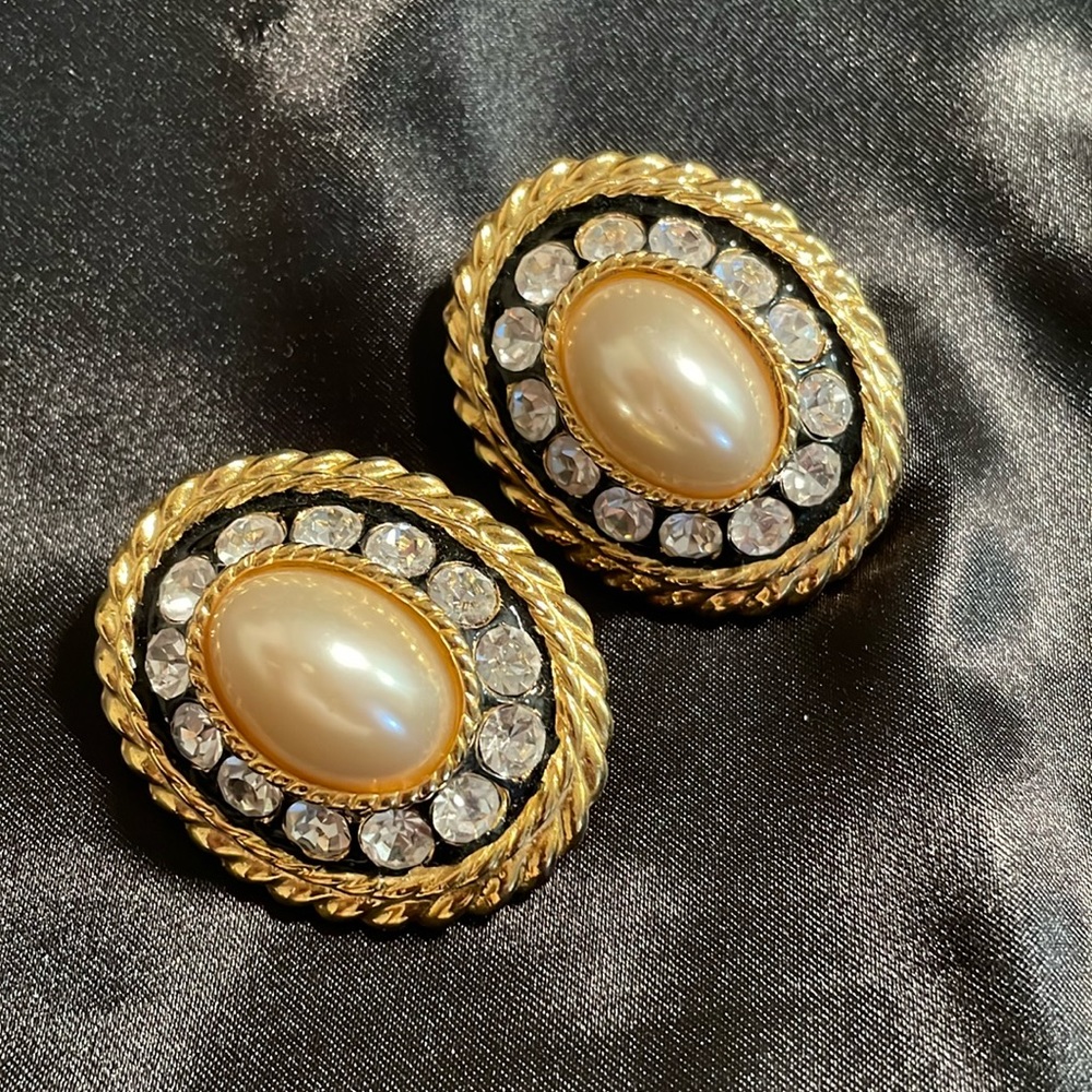 Vintage Rhinestone Faux Pearl Large Clip-On Earrings